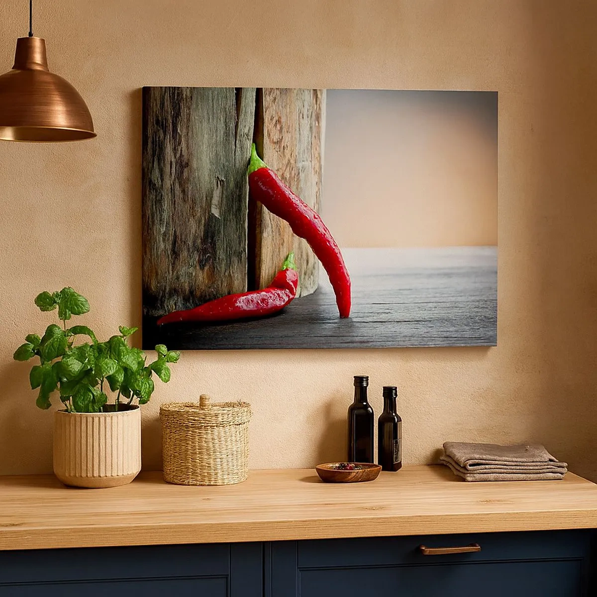 Quadro su tela - Stampe su Tela - Due peperoncini rossi su uno sfondo di legno con un accento rustico - 70x50cm - Red hot chili peppers - Decorazione murale moderna per soggiorno e camera da letto ARTTOR