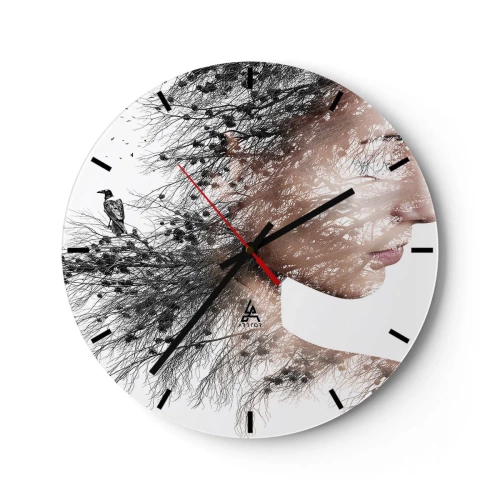 Orologio da parete - Orologio in Vetro - Profilo artistico di una donna con un motivo di rami e uccelli su sfondo bianco. - 30x30cm - Lo spirito della foresta - Decorazione murale moderna per soggiorno, cucina e camera da letto ARTTOR