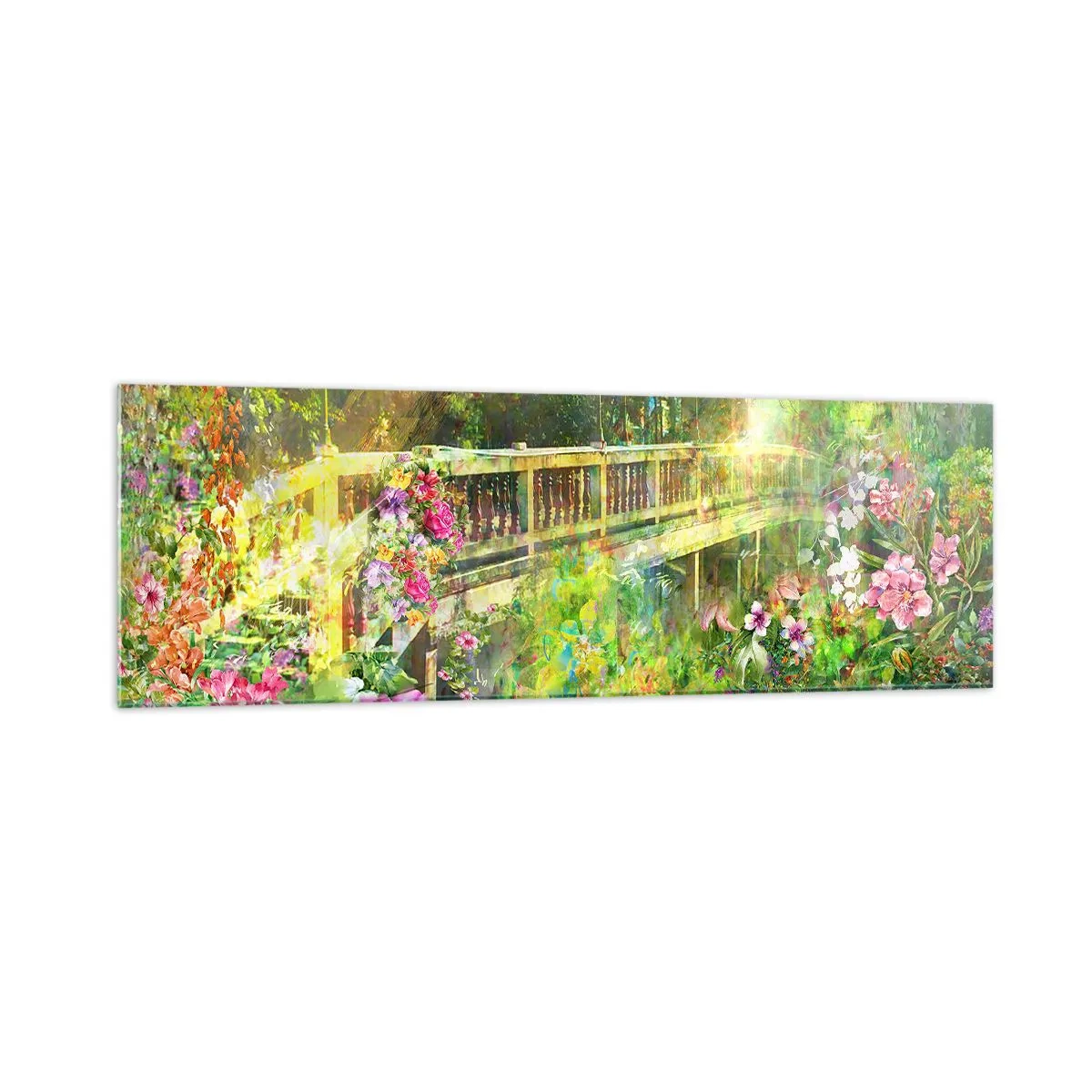 Quadro su vetro - Un ponte circondato da una vegetazione lussureggiante e fiori - 160x50cm - Il ponte dei sospiri primaverili - Decorazione murale moderna per soggiorno e camera da letto ARTTOR