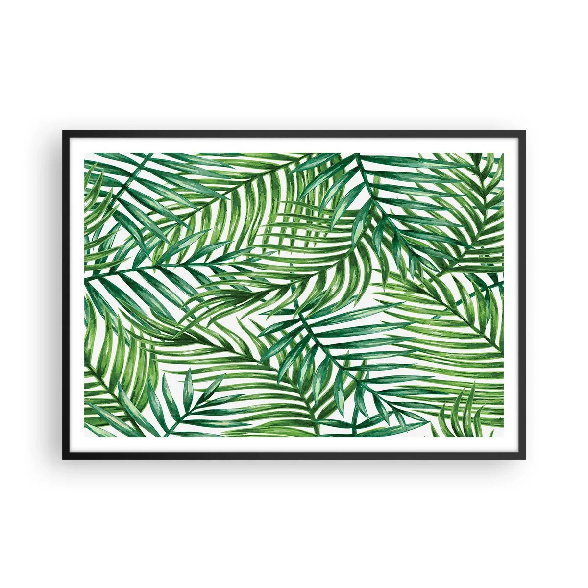 Poster in cornice nera - Foglie di palma tropicali verdi su sfondo chiaro - 100x70cm - Sotto un baldacchino verde - Decorazione murale moderna per soggiorno e camera da letto ARTTOR