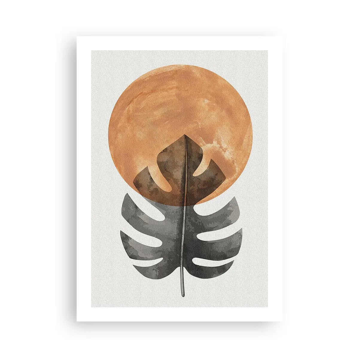 Poster - Una foglia di monstera contro un caldo cerchio arancione - 50x70cm - Sempre il sole - Decorazione murale moderna per soggiorno e camera da letto ARTTOR