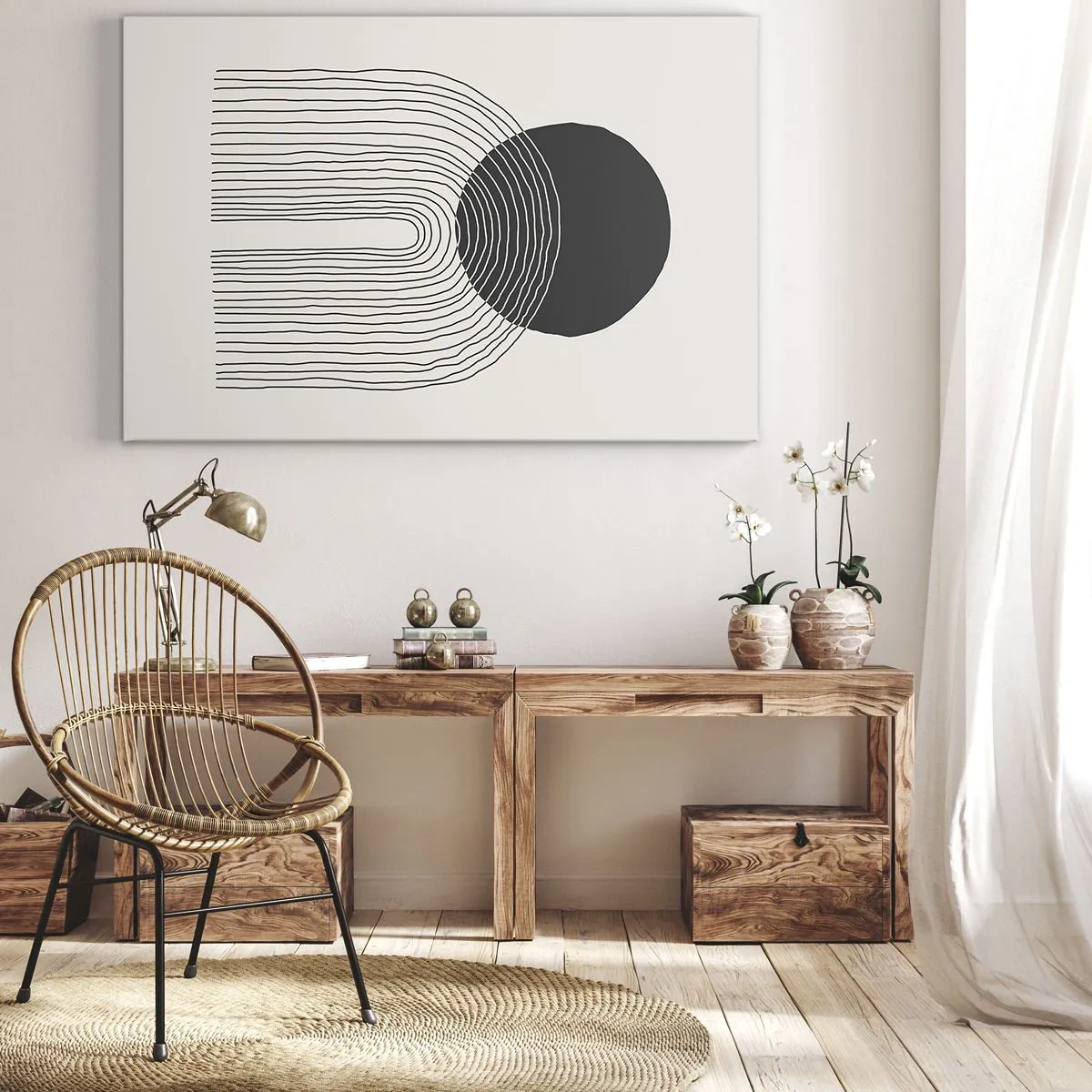 Quadro su tela - Stampe su Tela - Motivo astratto con linee e un cerchio nero su uno sfondo chiaro - 70x50cm - Tremore e fiducia - Decorazione murale moderna per soggiorno e camera da letto ARTTOR