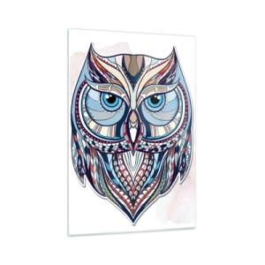 Quadro su vetro - Gufo geometrico nei toni del blu e del beige - 70x100cm - Gufo artistico decorativo - Decorazione murale moderna per soggiorno e camera da letto ARTTOR