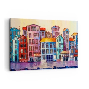 Quadro su tela - Stampe su Tela - Case popolari colorate in riva all'acqua in stile artistico - 100x70cm - Una città da favola - Decorazione murale moderna per soggiorno e camera da letto ARTTOR