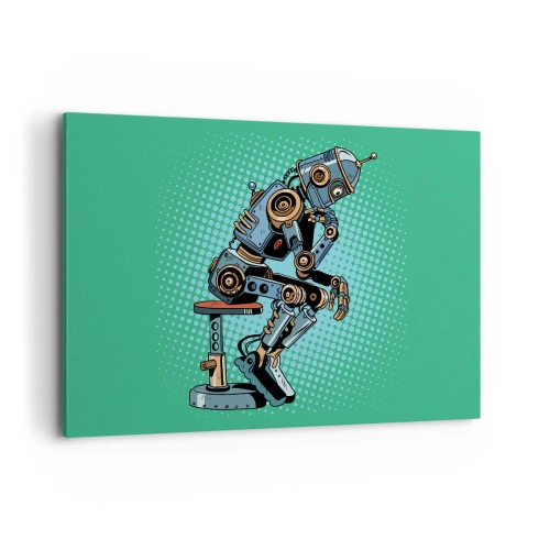 Quadro su tela - Stampe su Tela - Robot pensatore in stile pop art su sfondo verde - 120x80cm - Sull'essenza dell'essere - Decorazione murale moderna per soggiorno e camera da letto ARTTOR