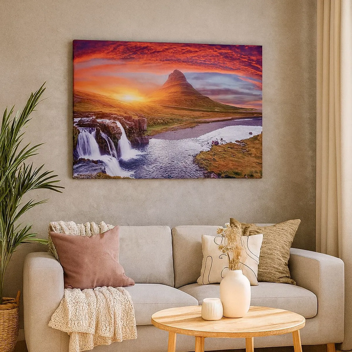 Quadro su tela - Stampe su Tela - Paesaggio montano con cascata al tramonto - 70x50cm - Paesaggio della Terra di Mezzo - Decorazione murale moderna per soggiorno e camera da letto ARTTOR