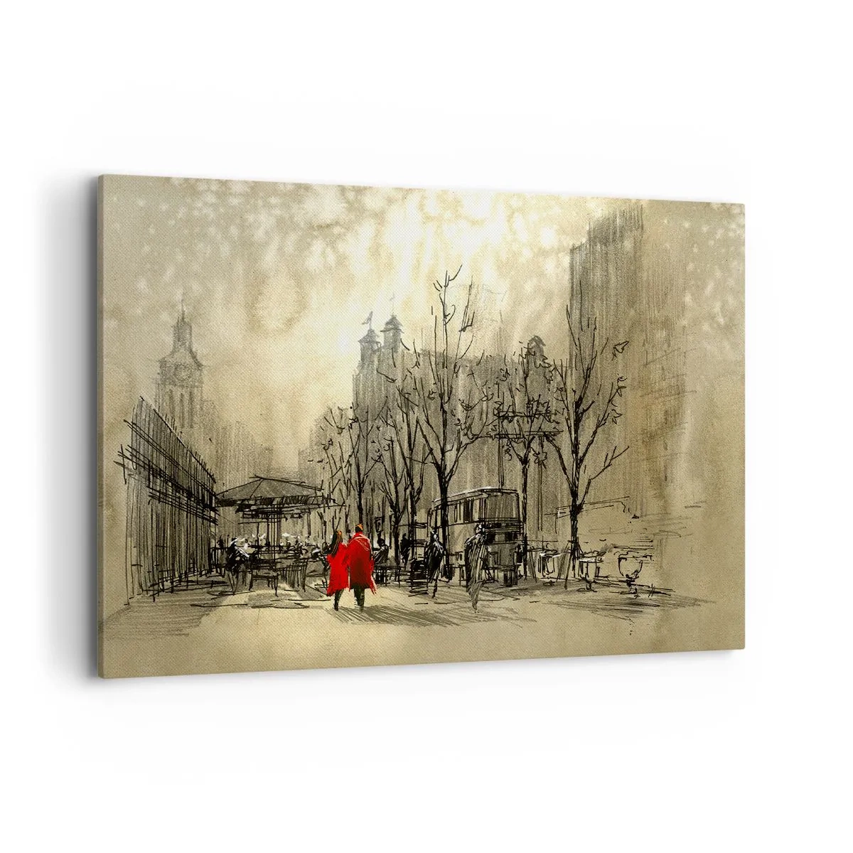 Quadro su tela - Stampe su Tela - Una figura rossa in un nostalgico contesto urbano - 100x70cm - Appuntamento nella nebbia di Londra  - Decorazione murale moderna per soggiorno e camera da letto ARTTOR