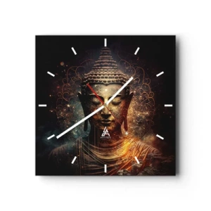 Orologio da parete - Orologio in Vetro - Buddha dorato su sfondo scuro con ornamenti - 30x30cm - Equilibrio spirituale - Decorazione murale moderna per soggiorno e camera da letto ARTTOR