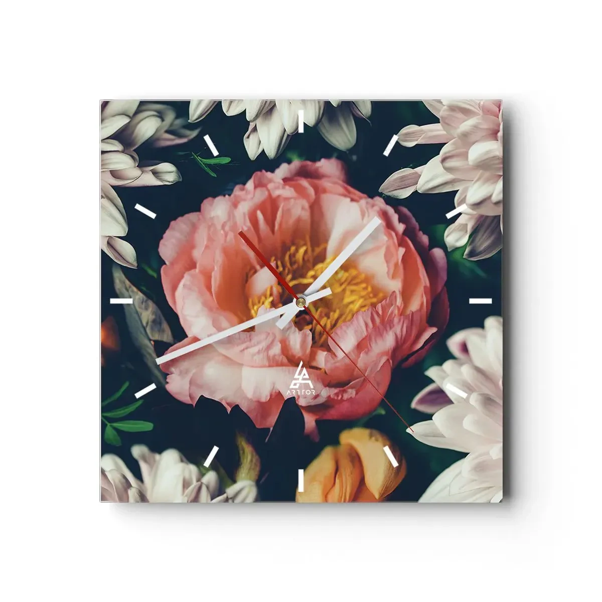 Orologio da parete - Orologio in Vetro - Composizione floreale con peonia e crisantemi su sfondo scuro - 30x30cm - Con fasto barocco - Decorazione murale moderna per soggiorno e camera da letto ARTTOR