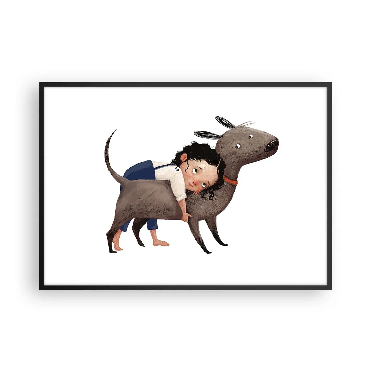 Poster in cornice nera - Illustrazione in stile cartone animato di un bambino che abbraccia un cane - 100x70cm - I migliori amici - Decorazione murale moderna per soggiorno e camera da letto ARTTOR