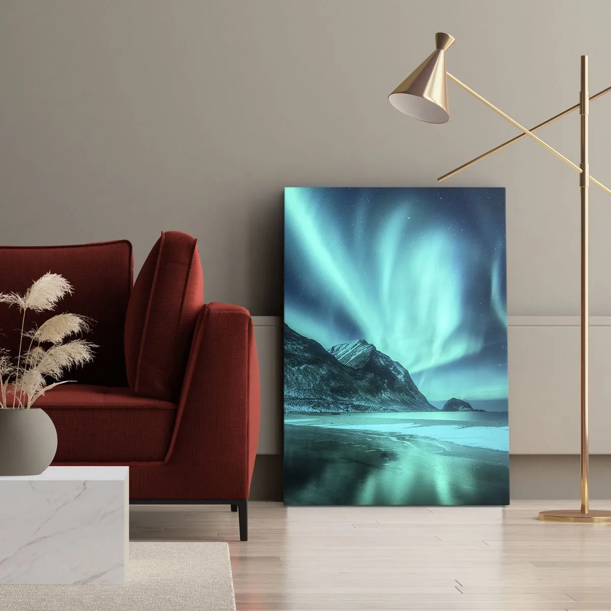 Quadro su tela - Stampe su Tela - Aurora boreale su un paesaggio invernale montuoso - 50x70cm - Miracolo del Nord - Decorazione murale moderna per soggiorno e camera da letto ARTTOR