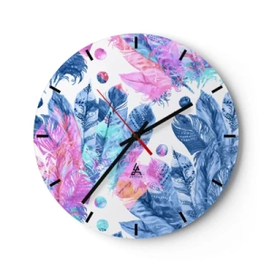 Orologio da parete - Orologio in Vetro - Piume colorate in stile acquerello - 30x30cm - Pennacchi in rosa e blu - Decorazione murale moderna per soggiorno, cucina e camera da letto ARTTOR