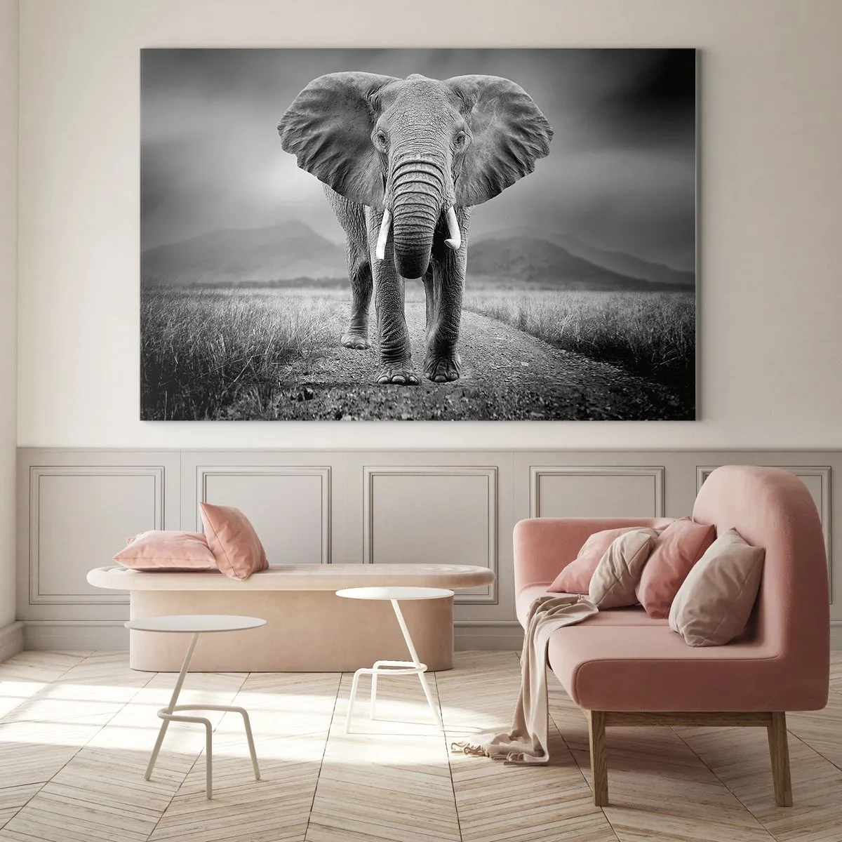 Quadro su vetro - Elefante nella savana in bianco e nero - 100x70cm - Il padrone di casa dà il benvenuto - Decorazione murale moderna per soggiorno e camera da letto ARTTOR