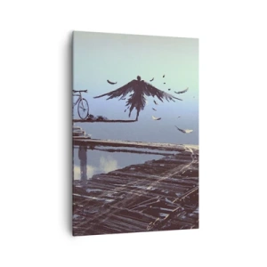 Quadro su tela - Stampe su Tela - Una figura con le piume volteggia su un ponte di legno accanto a una bicicletta. - 70x100cm - Icaro è sempre vivo - Decorazione murale moderna per soggiorno e camera da letto ARTTOR