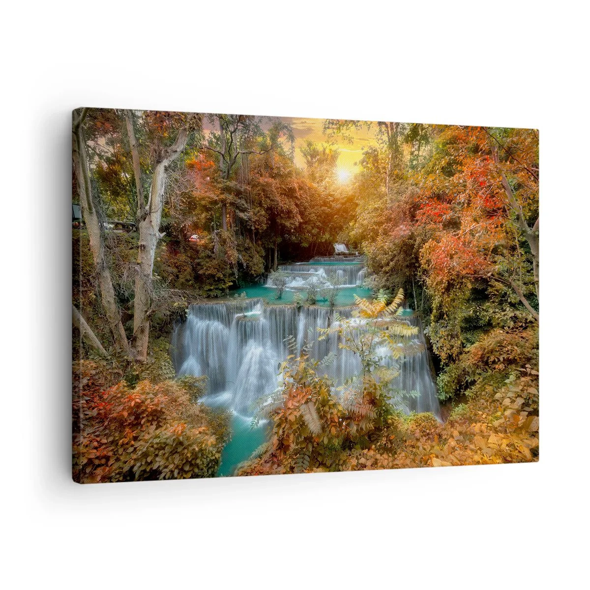 Quadro su tela - Stampe su Tela - Cascata autunnale circondata da alberi colorati alla luce del sole - 70x50cm - Il tesoro nascosto nel bosco - Decorazione murale moderna per soggiorno e camera da letto ARTTOR