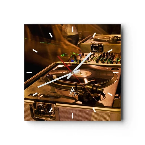 Orologio da parete - Orologio in Vetro - Attrezzatura da DJ con giradischi e mixer durante una festa - 30x30cm - Senti la forza? - Decorazione murale moderna per soggiorno e camera da letto ARTTOR