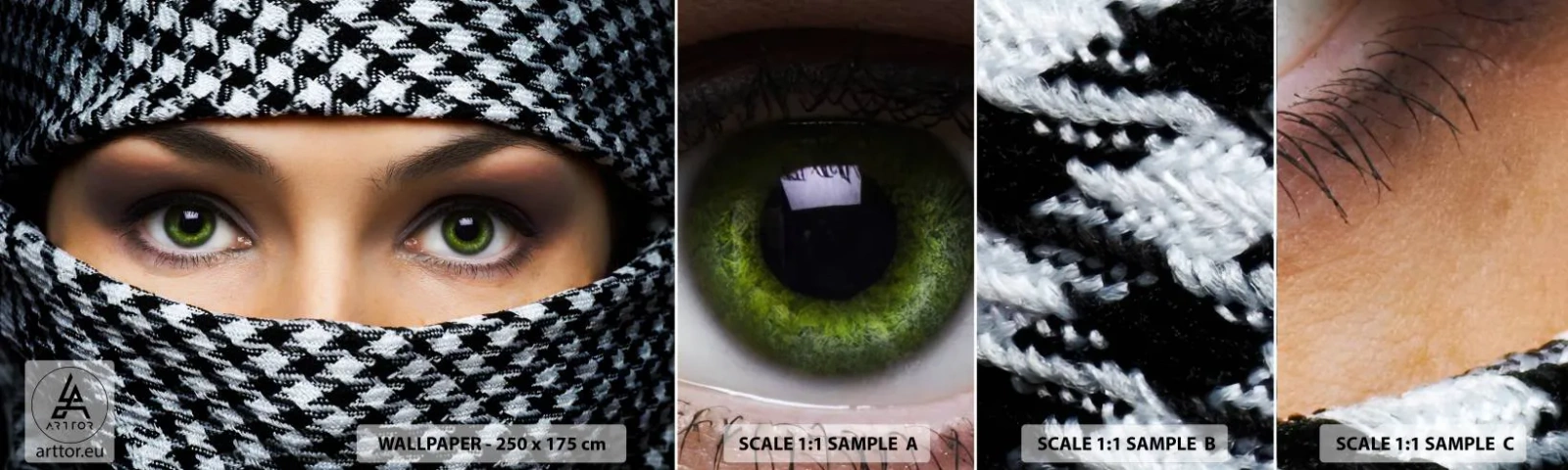 Campione Di Fotomurale Standard Eco - Ritratto di bellezza velata con gli occhi verdi - Donna, Occhi, Cultura - 100x30 cm