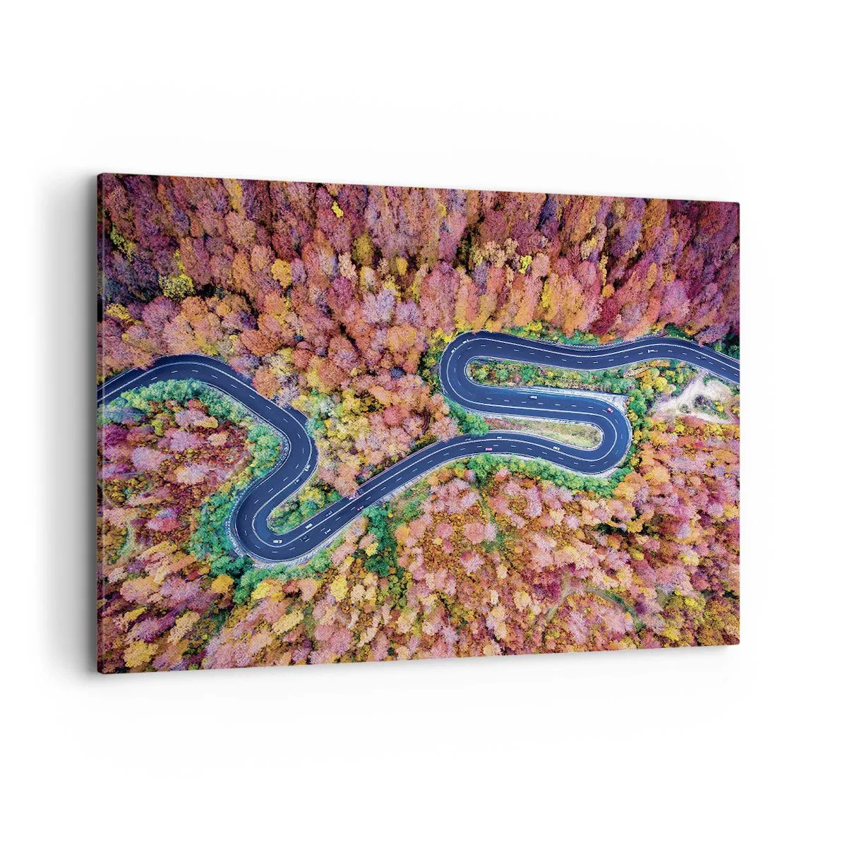 Quadro su tela - Stampe su Tela - Una strada tortuosa in una foresta autunnale vista a volo d'uccello - 100x70cm - Via tortuosa attraverso il bosco - Decorazione murale moderna per soggiorno e camera da letto ARTTOR