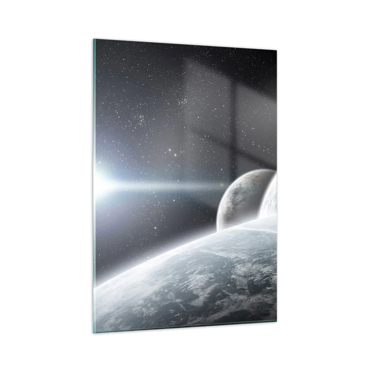 Quadro su vetro - Pianeti nello spazio con un raggio di luce - 50x70cm - La musica delle sfere celesti - Decorazione murale moderna per soggiorno e camera da letto ARTTOR
