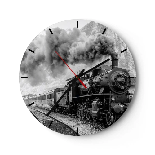 Orologio da parete - Orologio in Vetro - Una locomotiva a vapore bianca e nera con un camino fumante - 30x30cm - Ferma alla stazione... - Decorazione murale moderna per soggiorno, cucina e camera da letto ARTTOR