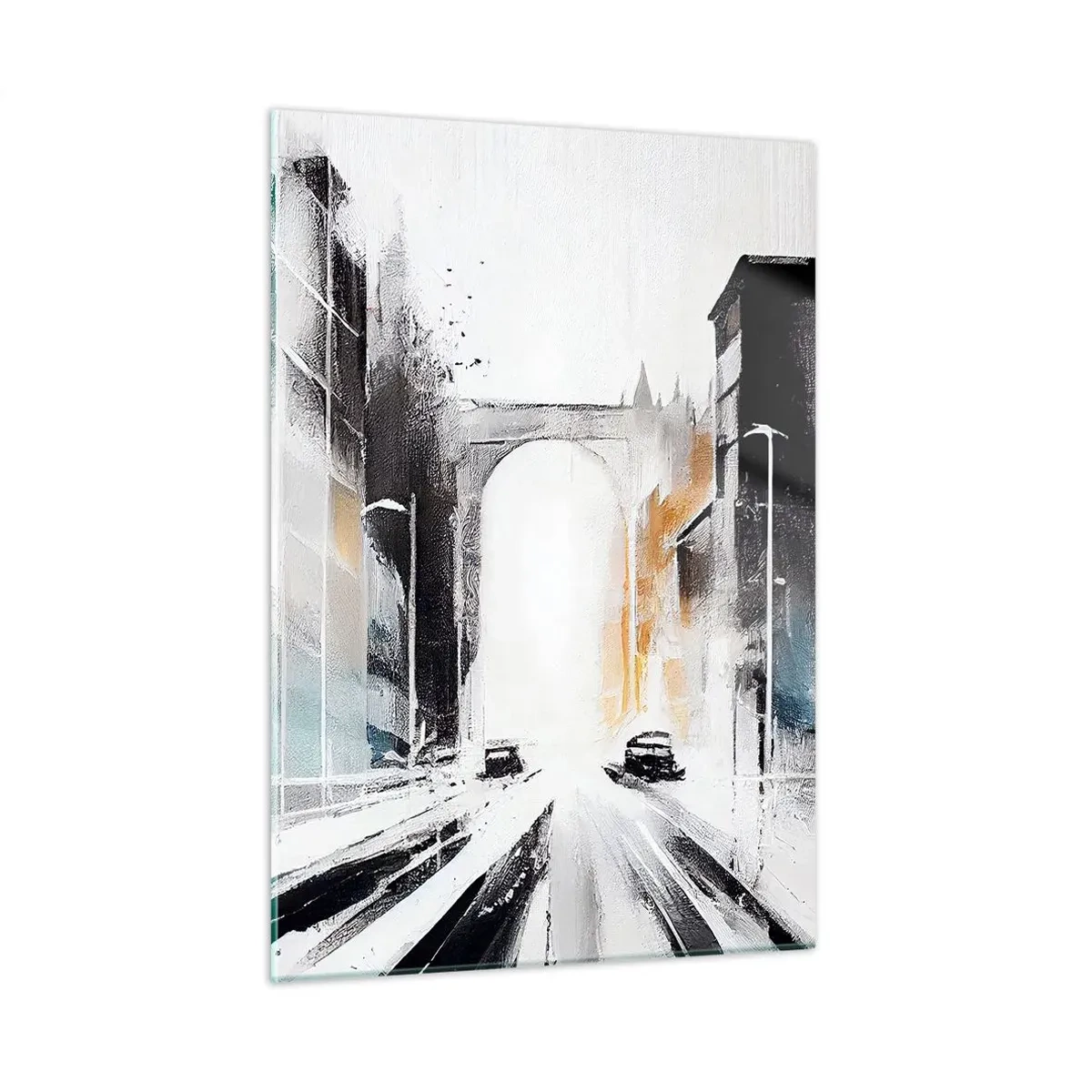 Quadro su vetro - Una strada cittadina dinamica con auto e un arco sullo sfondo, in stile pittorico. - 50x70cm - Studio di città: architettura e movimento - Decorazione murale moderna per soggiorno e camera da letto ARTTOR