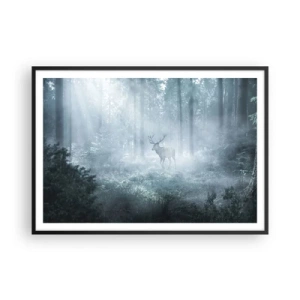 Poster in cornice nera - Un cervo in una fitta foresta avvolto nella nebbia mattutina - 100x70cm - Passeggiata mattutina sulle sue terre - Decorazione murale moderna per soggiorno e camera da letto ARTTOR