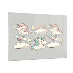 Quadro su vetro - Simpatici unicorni tra le nuvole con arcobaleno e palloncini - 100x70cm - Sicuramente esistono… - Decorazione murale moderna per soggiorno e camera da letto ARTTOR