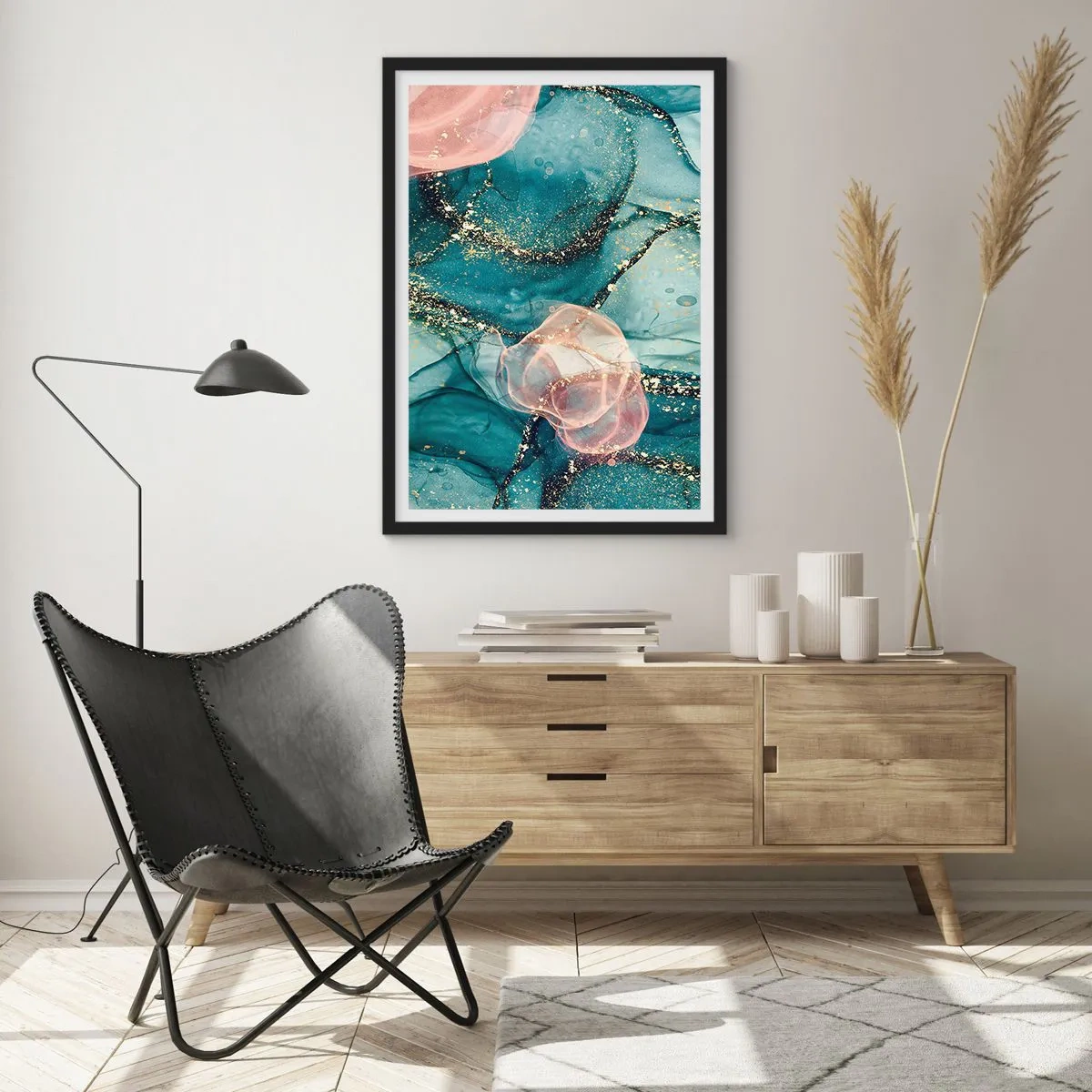 Poster in cornice nera - Una composizione astratta nei toni del turchese e dell'oro. - 50x70cm - Blu di seta, rosa di tulle - Decorazione murale moderna per soggiorno e camera da letto ARTTOR