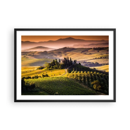 Poster in cornice nera - Paesaggio toscano con vigneti e una casa su una collina - 70x50cm - Arcadia: paesaggio toscano - Decorazione murale moderna per soggiorno e camera da letto ARTTOR
