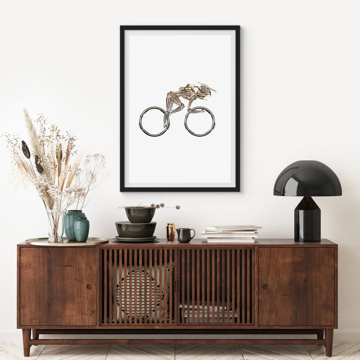Poster in cornice nera - Una bicicletta fatta di parti metalliche - 50x70cm - Macchina perfetta - Decorazione murale moderna per soggiorno e camera da letto ARTTOR