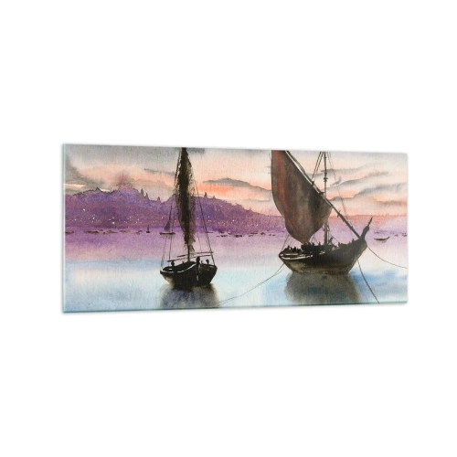 Quadro su vetro - Due velieri ormeggiati in acque calme al tramonto - 120x50cm - La sera nel porto - Decorazione murale moderna per soggiorno e camera da letto ARTTOR