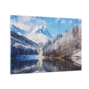 Quadro su vetro - Paesaggio invernale con montagne e un lago ghiacciato - 100x70cm - Il custode innevato - Decorazione murale moderna per soggiorno e camera da letto ARTTOR