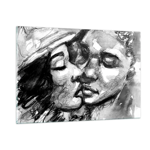 Quadro su vetro - Schizzo in bianco e nero di un tenero bacio - 120x80cm - Un attimo di tenerezza - Decorazione murale moderna per soggiorno e camera da letto ARTTOR