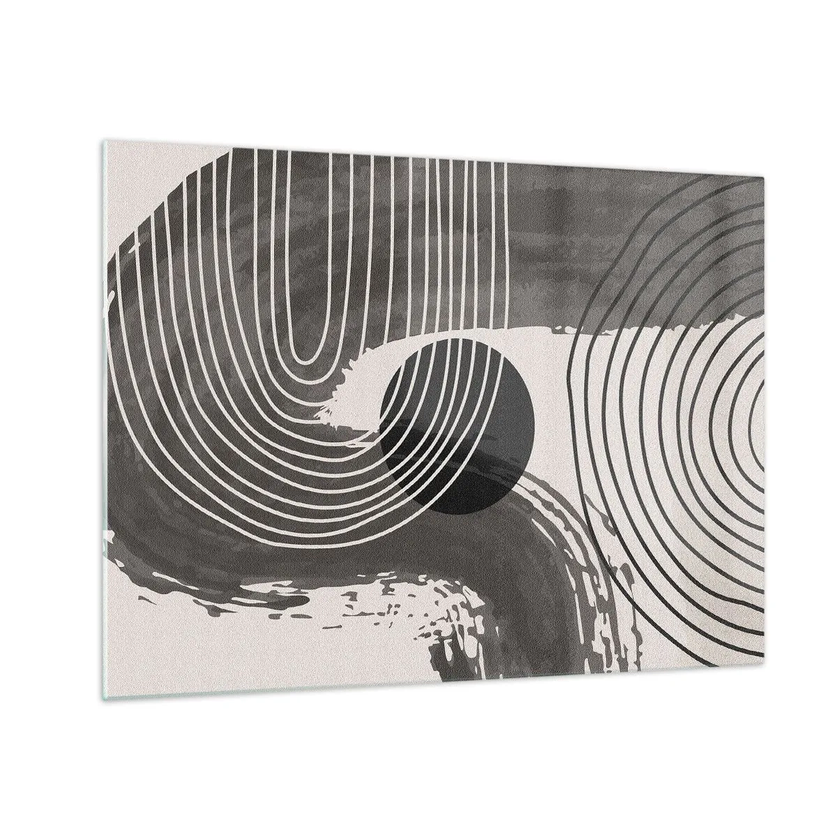 Quadro su vetro - Astrazione moderna con linee bianche e nere e un ovale - 70x50cm - L'ovale vittorioso - Decorazione murale moderna per soggiorno e camera da letto ARTTOR