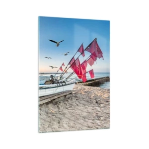 Quadro su vetro - Una barca sulla spiaggia all'alba con gabbiani e bandiere rosse - 70x100cm - Meritato riposo - Decorazione murale moderna per soggiorno e camera da letto ARTTOR