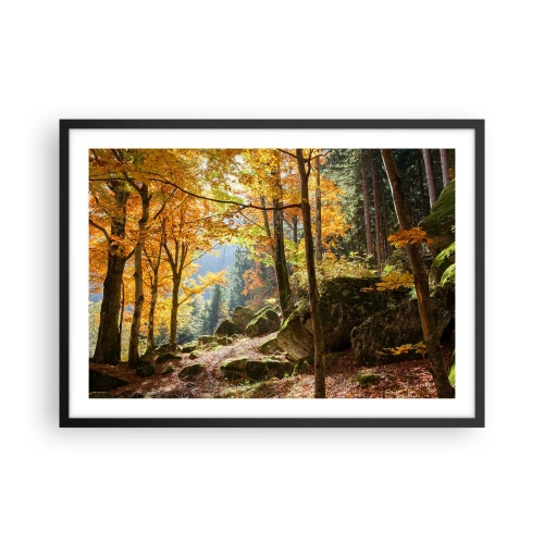 Poster in cornice nera - Una foresta autunnale piena di foglie dorate e luce solare - 70x50cm - Il tempo del riposo - Decorazione murale moderna per soggiorno e camera da letto ARTTOR