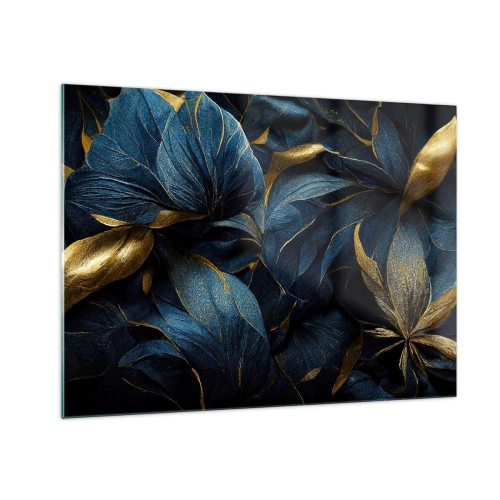 Quadro su vetro - Foglie blu scuro con sottili accenti dorati - 70x50cm - Foderati d'oro - Decorazione murale moderna per soggiorno e camera da letto ARTTOR
