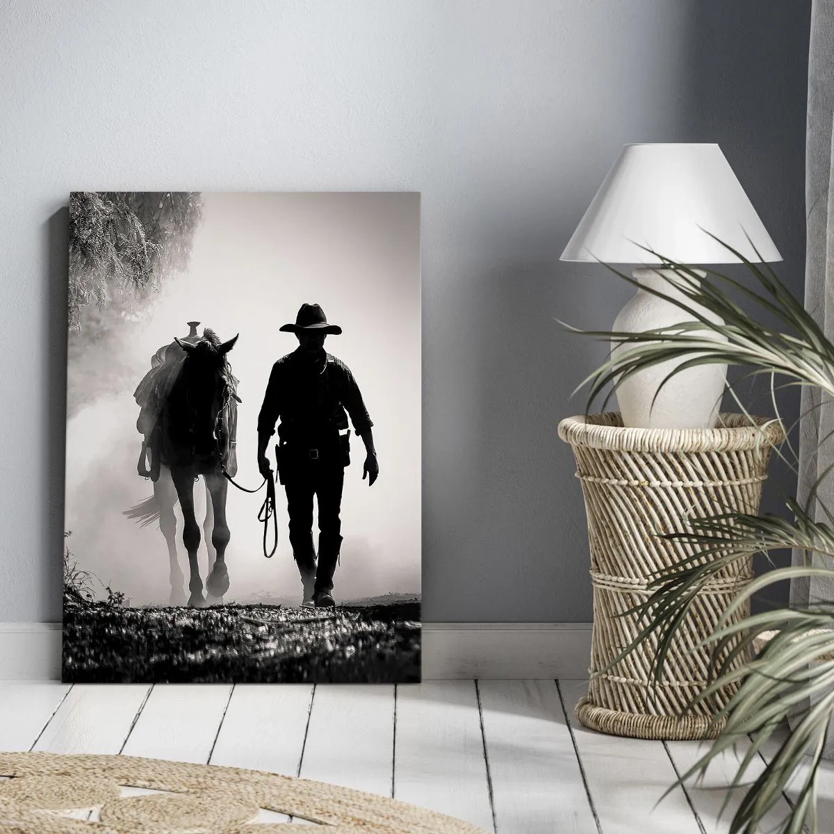Quadro su tela - Stampe su Tela - Cowboy con cavallo nella nebbia mattutina - 80x120cm - Mattino texano - Decorazione murale moderna per soggiorno e camera da letto ARTTOR