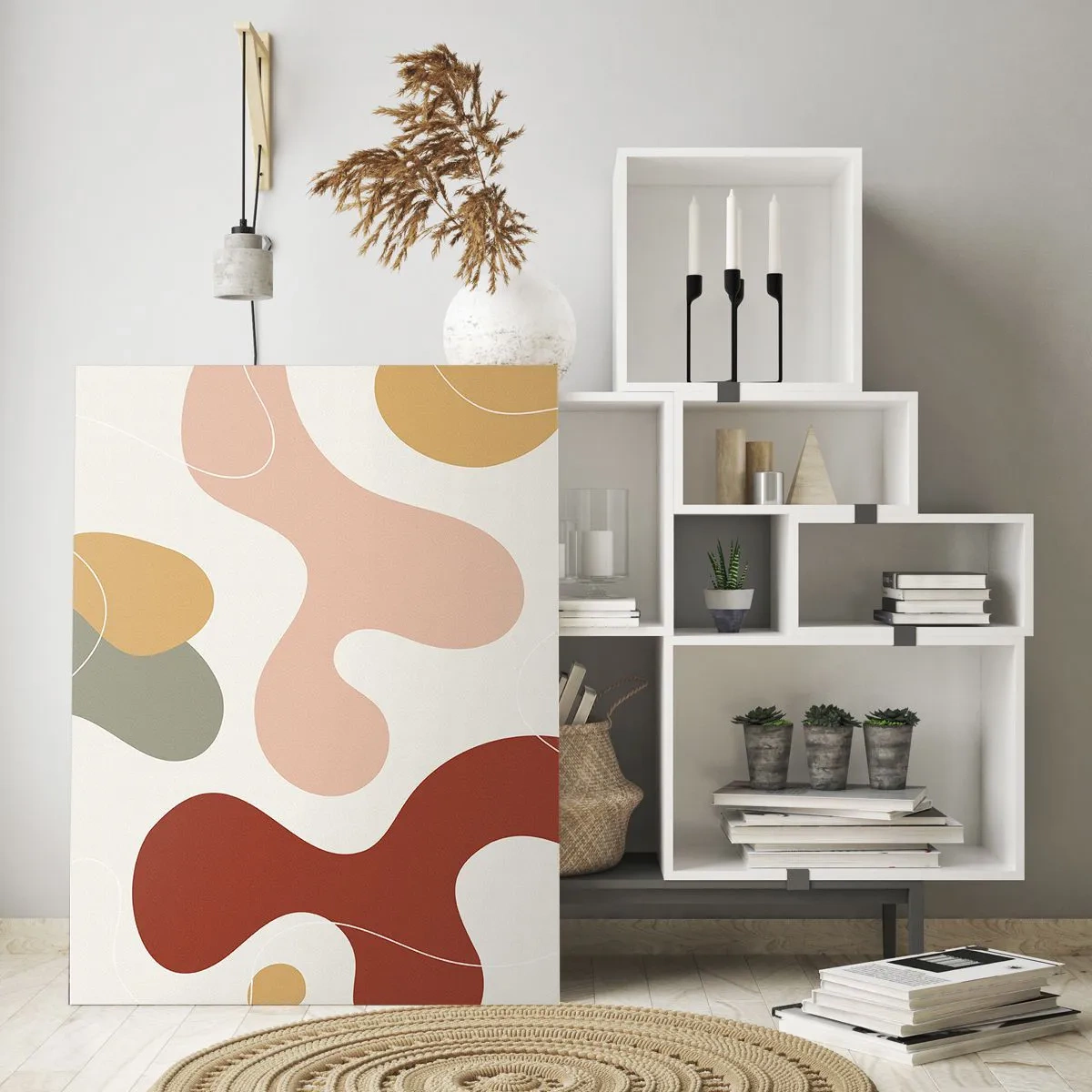 Quadro su vetro - Una composizione astratta in tonalità pastello con forme dinamiche. - 70x100cm - Ghirigori - Decorazione murale moderna per soggiorno e camera da letto ARTTOR