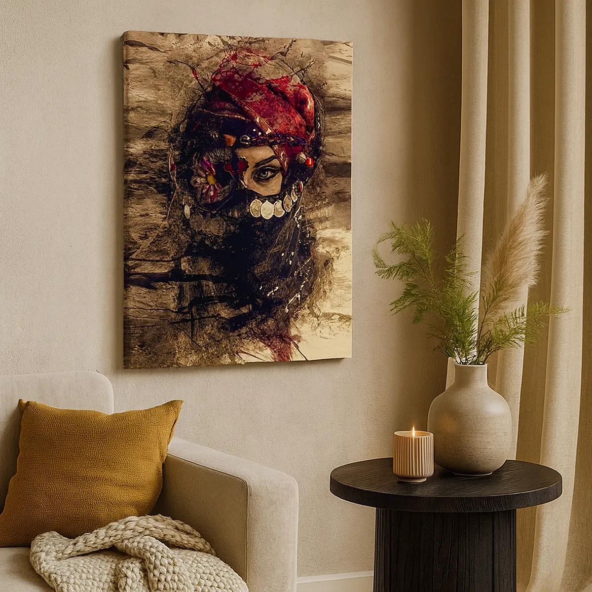 Quadro su tela - Stampe su Tela - Ritratto artistico di una donna in abiti orientali su uno sfondo astratto. - 50x70cm - Quantomeno inquietante - Decorazione murale moderna per soggiorno e camera da letto ARTTOR