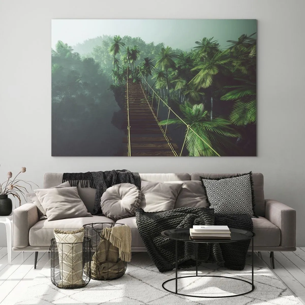 Quadro su vetro - Un ponte di corda nella giungla circondato da palme - 120x80cm - Nel vortice del verde - Decorazione murale moderna per soggiorno e camera da letto ARTTOR