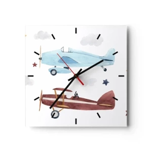 Orologio da parete - Orologio in Vetro - Aeroplani dipinti a mano su uno sfondo di nuvole e stelle - 30x30cm - Aspettando il pilota - Decorazione murale moderna per soggiorno e camera da letto ARTTOR