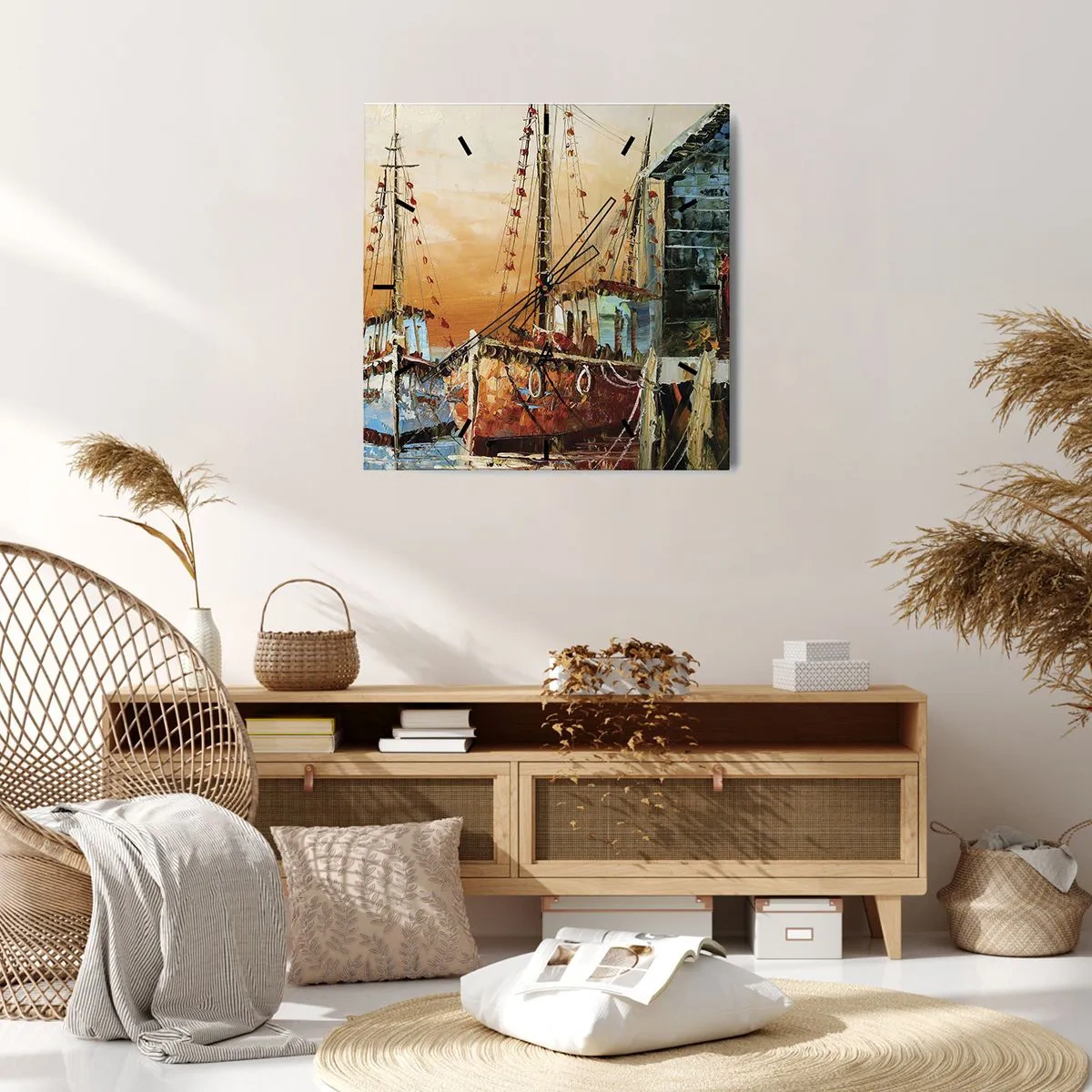 Orologio da parete - Orologio in Vetro - Barche sulla riva nella calda luce del tramonto - 30x30cm - Ritorno tranquillo - Decorazione murale moderna per soggiorno e camera da letto ARTTOR