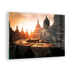 Quadro su vetro - Una statua del Buddha illuminata dal sole al tramonto in un antico complesso di templi - 70x50cm - La pagoda della grande saggezza - Decorazione murale moderna per soggiorno e camera da letto ARTTOR