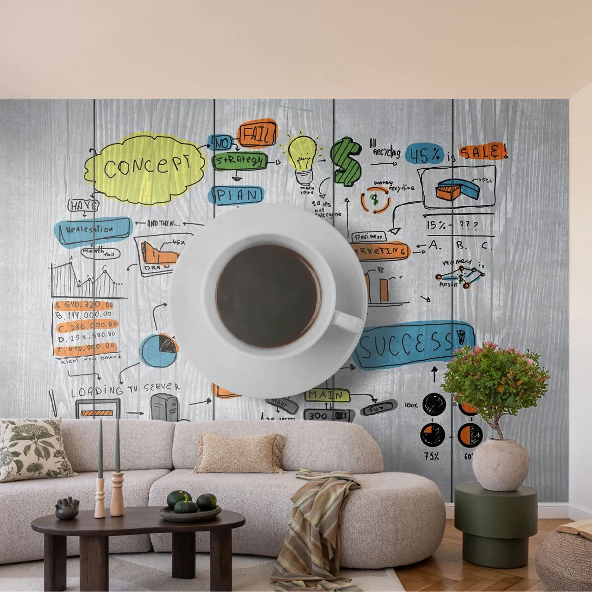 Fotomurali Premium Sand - Una tazza di caffè con schizzi aziendali su legno sullo sfondo - 100x70cm - Un momento di pausa - Decorazione murale moderna per soggiorno e camera da letto ARTTOR