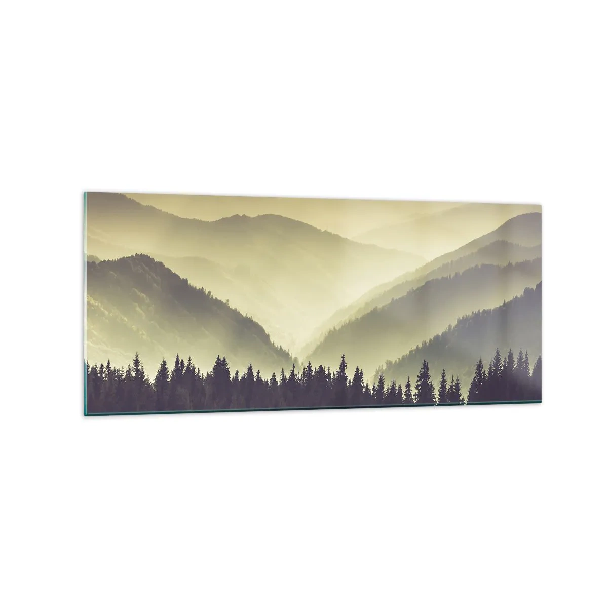 Quadro su vetro - Pittoresche catene montuose avvolte nella nebbia in una luce calda - 120x50cm - Dopo sette montagne… - Decorazione murale moderna per soggiorno e camera da letto ARTTOR