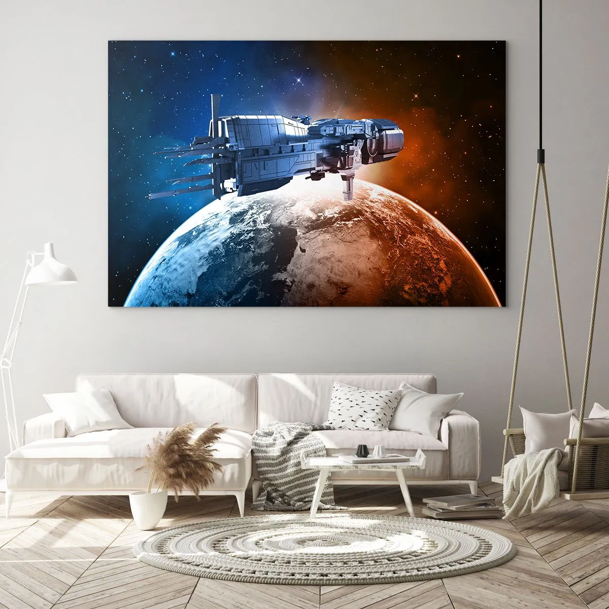 Quadro su vetro - Un'astronave in orbita attorno a un pianeta alla luce delle stelle - 100x70cm - Un attento osservatore - Decorazione murale moderna per soggiorno e camera da letto ARTTOR
