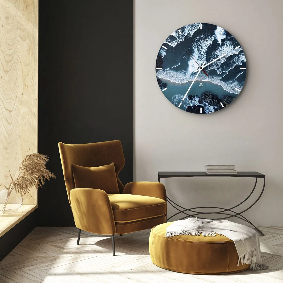 Orologio da parete - Orologio in Vetro - Onde che si infrangono sulla riva viste da una prospettiva a volo d'uccello - 30x30cm - Avvolte dalle onde - Decorazione murale moderna per soggiorno, cucina e camera da letto ARTTOR