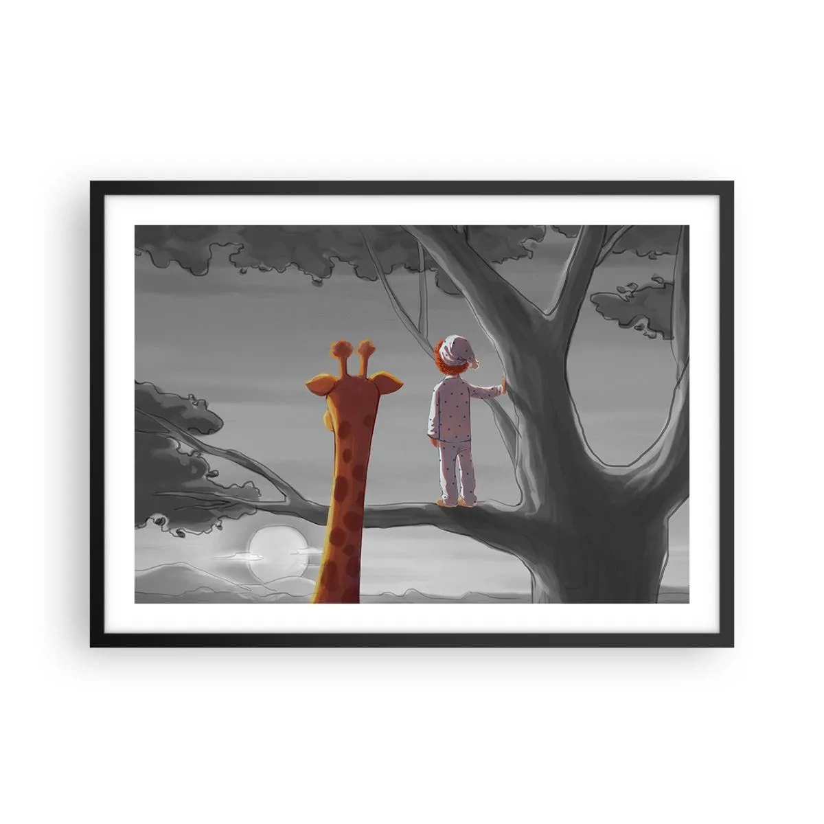 Poster in cornice nera - Un bambino e una giraffa su un ramo di un albero in un paesaggio da favola - 70x50cm - Sta succedendo davvero - Decorazione murale moderna per soggiorno e camera da letto ARTTOR