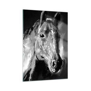 Quadro su vetro - Ritratto di un cavallo nei toni del bianco e nero su sfondo scuro - 50x70cm - Splendore di un'anima nobile - Decorazione murale moderna per soggiorno e camera da letto ARTTOR